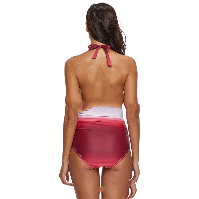 Lovely Plus Size Boho Gradient Bow-tie Decoration Red One-piece Swimsuit