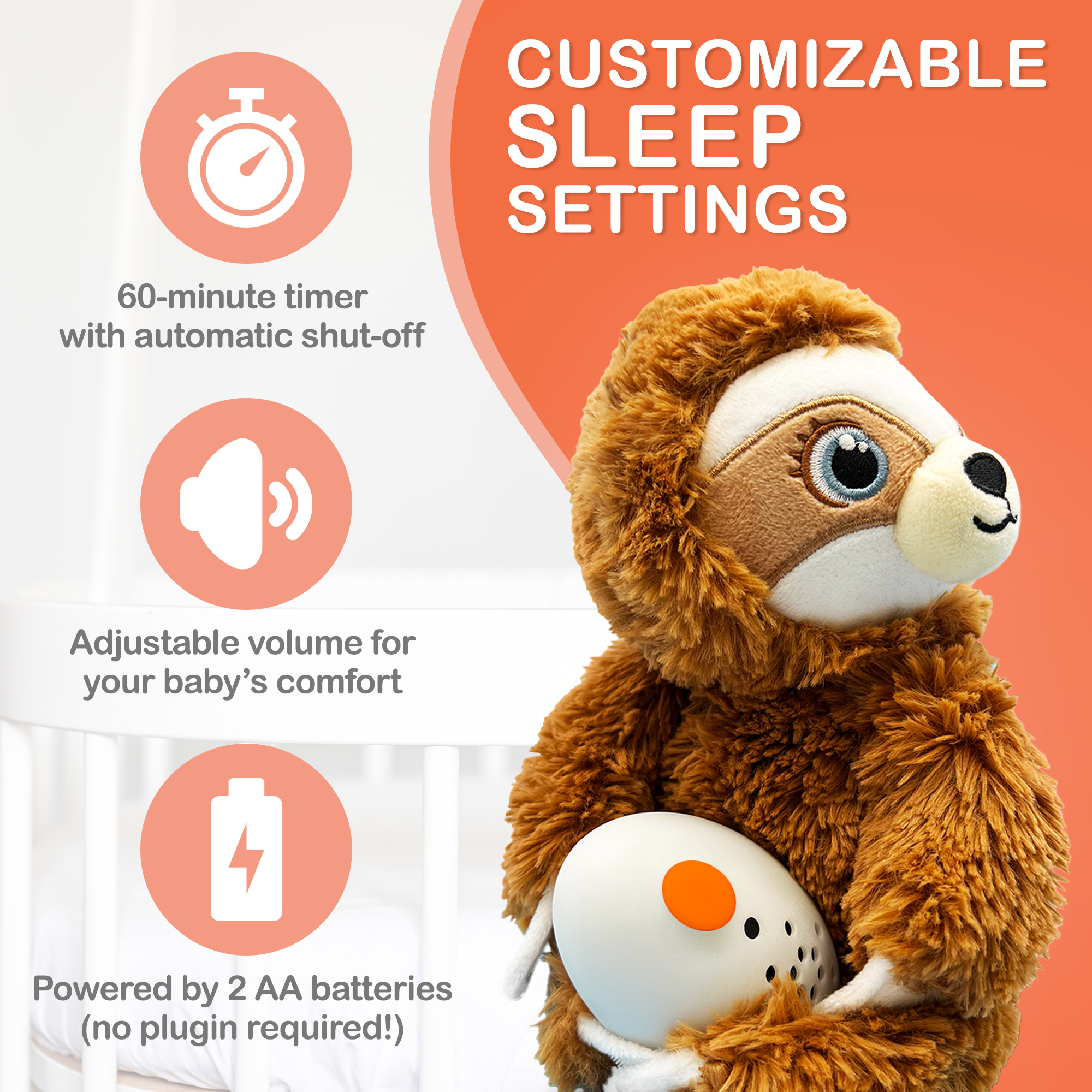 Baby Shusher Sloth Plush Sound Machine – Soothing Shushing Toy for Babies and Toddlers