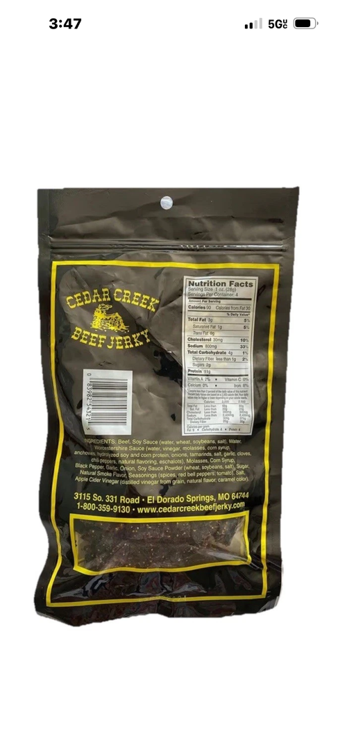6 - 4 OZ bag - Cedar Creek Peppered Beef Jerky, Old Fashioned, No Preservatives